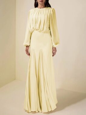 Pale Yellow Pleated Long-Sleeve Maxi Dress